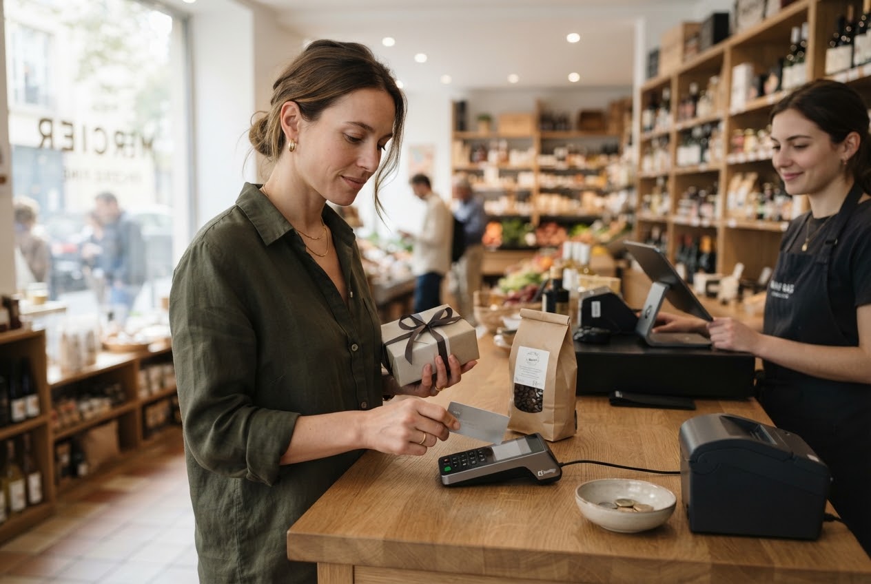 Une personne effectue un paiement sans contact avec une carte bancaire sur un terminal de paiement moderne