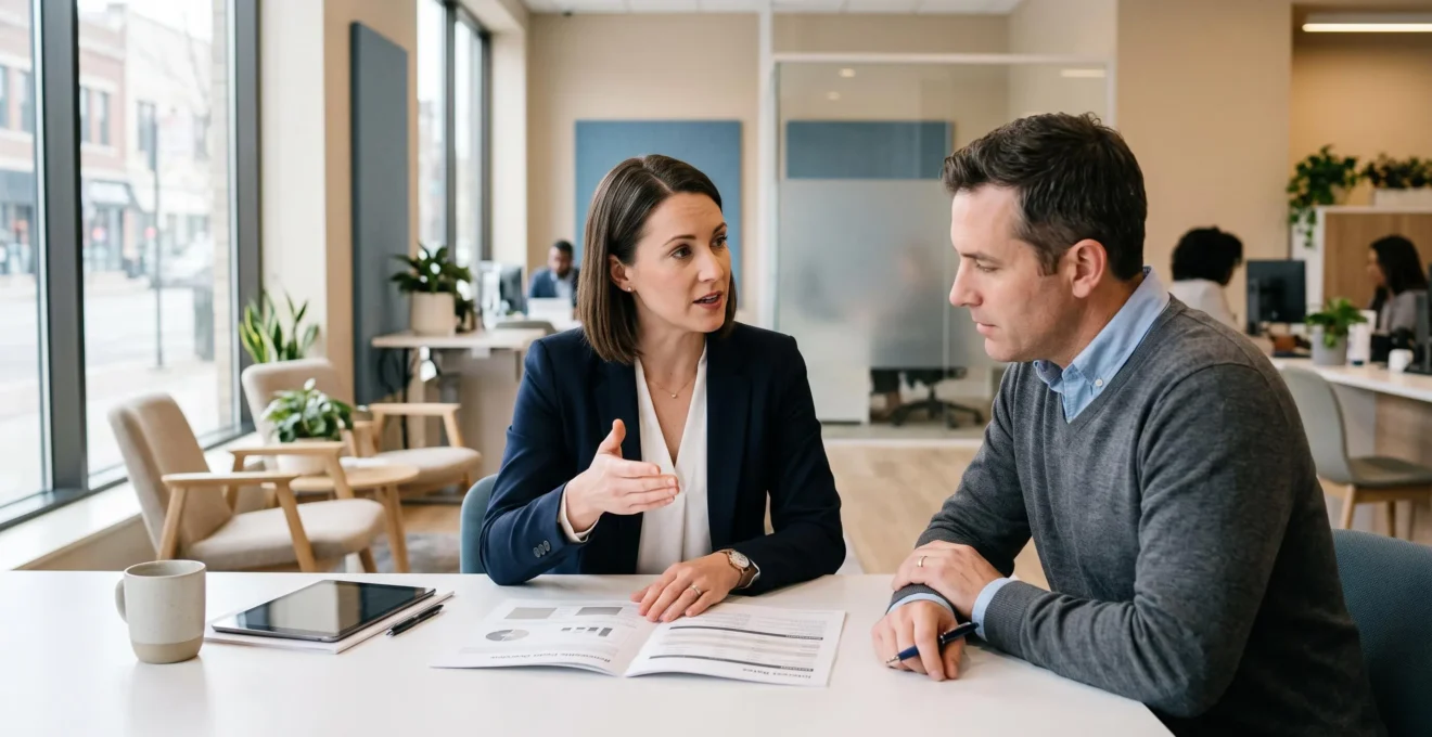Un conseiller bancaire explique les caractéristiques d'un crédit renouvelable à un client lors d'une consultation professionnelle dans une agence bancaire